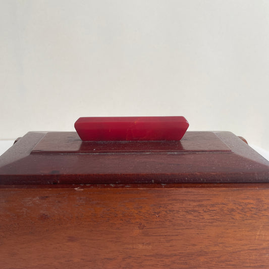 Art deco wooden box with red marbled Bakelite handle